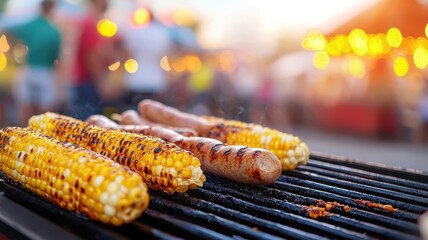 Retrostyle grill food truck at a summer street festival, serving grilled corn and sausages, colorful fair lights and crowds