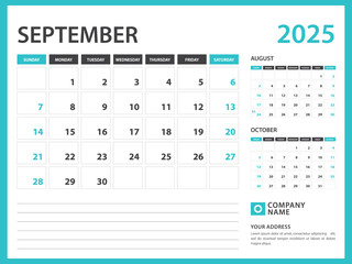 Monthly calendar template for 2025 year. September 2025 year, Week Starts on Sunday, Desk calendar 2025 design, Wall calendar, planner design, stationery, printing media, advertisement, vector