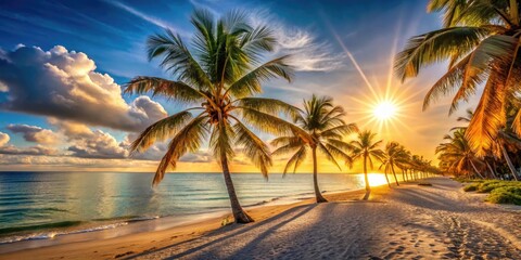 Fototapeta premium Warm sunshine casts a golden glow on the tranquil shores of a picturesque beach, lined with swaying palm trees and calm turquoise waters in Florida.