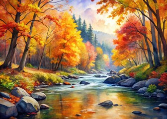 Watercolor Painting In Vibrant Autumnal Colors Depicts A Serene Landscape With Falling Leaves And A Flowing River Surrounded By Changing Foliage.