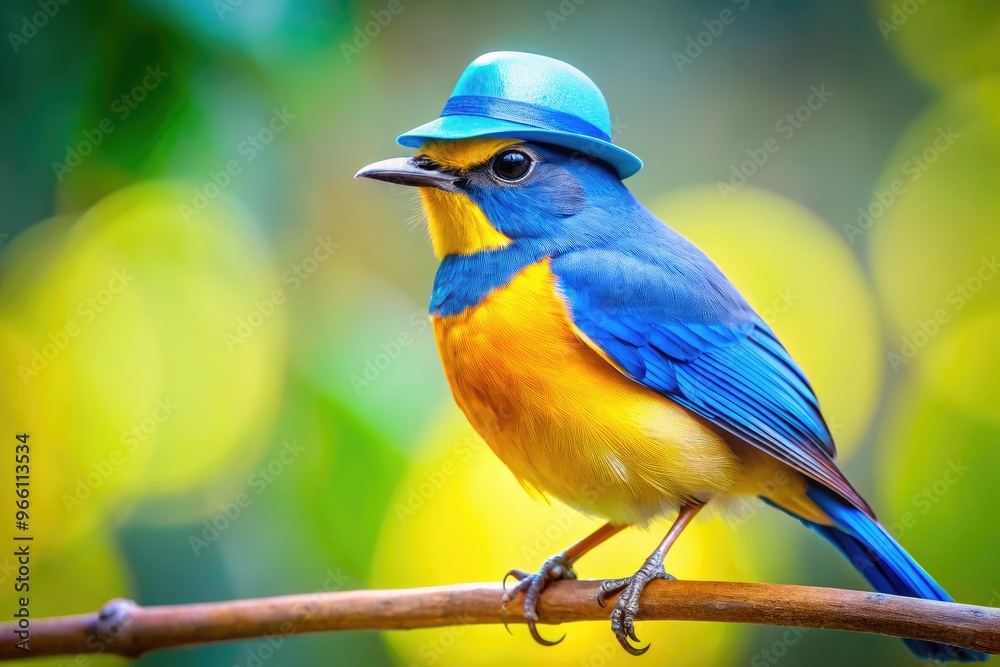 Wall mural whimsical close-up of a bright blue and yellow bird perched on a branch, wearing a trendy fedora hat