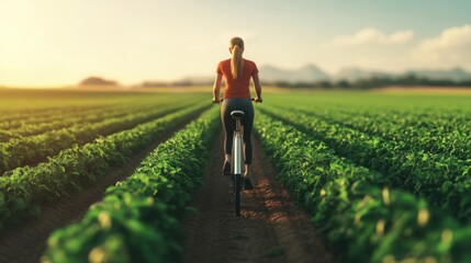 Fototapeta premium Woman cycling through organic farm fields, sunny day, 3D illustration