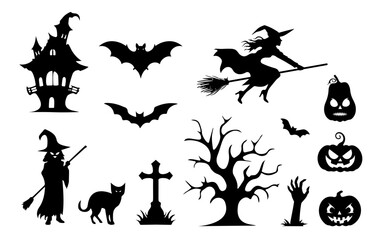 Fototapeta premium A set of spooky Halloween silhouettes, including witches, haunted house, bats, gravestones, pumpkins, a black cat, and eerie trees isolated on white background. vector elements.