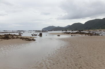 Cantabria, Spain, beach Trengandin in Town of Noja, with karst formations revealed by a low tide 