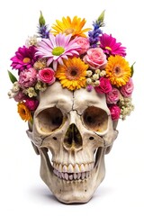 Naklejka premium A Unique Artistic Representation of a Skull Surrounded by Vibrant Flowers for Creative Projects