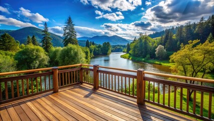 Wooden Deck With Railing Overlooking A River With Lush Greenery, Blue Sky, And Distant Mountains