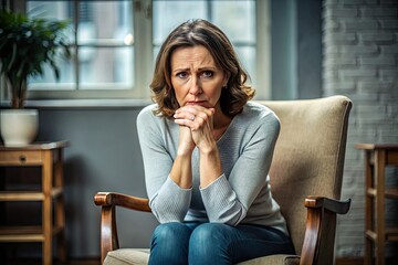 Worried Woman Squirming Uncomfortably In Chair, Clutching Hands Together Tightly, With Furrowed Brow And Tense Jaw