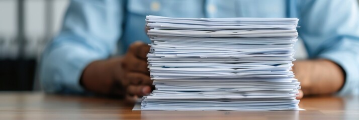 Close-up of a man holding a large pile of documents in his hands, showing a heavy workload or administrative tasks in an office environment.