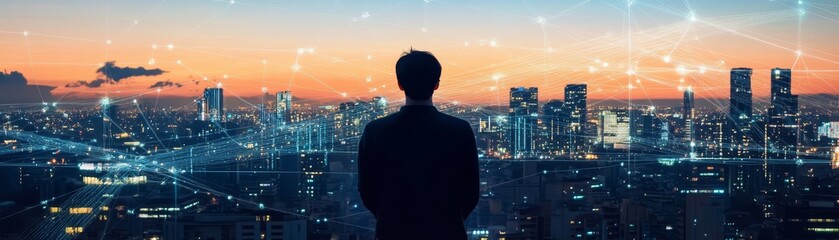 Silhouette of Person Looking at Cityscape with Digital Network Overlay at Sunset