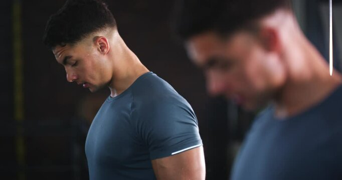 Mirror man, dumbbells and bicep exercise, bodybuilder strength development or looking at arm muscle growth. Weightlifting equipment, fitness goals and body builder check reflection for technique form