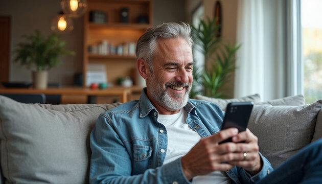 Relaxed happy older mature middle aged man holding mobile phone using cellphone sitting at home on sofa in modern living room, chatting online, texting messages, reading news, shopping in apps
