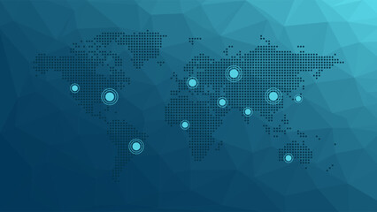 World map dotted with pointers. Blue gradient polygonal pattern. Vector background for web design, illustration, template, sample, infographics, global business, travel