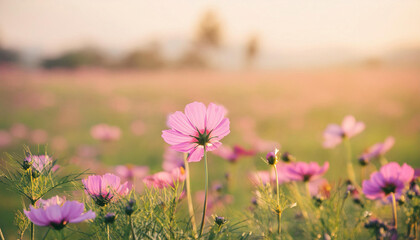 Obraz premium Pink Flower Standing Out in Field and Copy Space