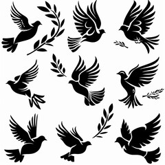 Obraz premium Peace dove graffiti, pigeons, twigs ink illustration. Flying birds silhouettes monochrome flat icons