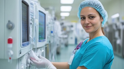 Fototapeta premium Technician sanitizing a dialysis machine before use, sterile environment focus, [chronic kidney disease], [dialysis machine preparation]