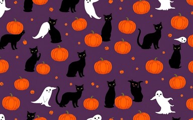 Cute black cats and orange pumpkins on a purple background, perfect for Halloween decorations and spooky projects. 
