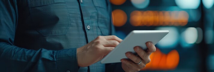 Close-up of a businessman using a digital tablet in a modern office setting, focusing on technology and data analysis in a professional environment.