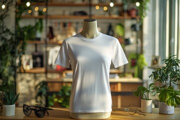 Naklejka premium Tshirt on stylish mannequin in boutique background created with Generative AI