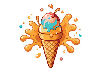 Ice cream scoops falling in waffle cone with splashing caramel sauce