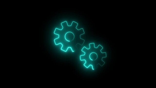 Glowing light blue  neon line setting icon with spinning gears . Technology setting icon concept .Settings icon animation isolated on black background.  4K video .