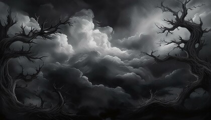 black gloomy sky, grunge texture, dark gray clouds background, horror scary theme poster backdrop design