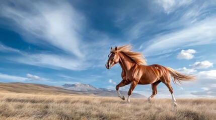 Obraz premium A Lone Horse Galloping Across an Open Meadow, Explore the powerful imagery of a horse galloping freely across a vast, open meadow, its mane flowing in the wind.