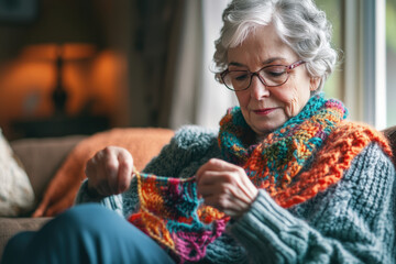 Elderly woman is enjoying her retirement years, crocheting a colorful scarf while sitting comfortably at home