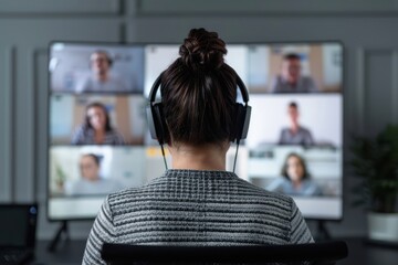 A woman wearing headphones seen from behind, attending a virtual meeting on multiple screens with blurred participants during a video conference.
