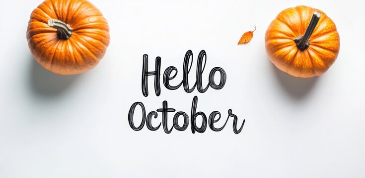"Hello October" with a pumpkin on a white background, a Halloween concept Generative AI