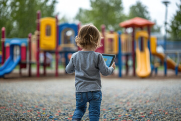 Toddler is walking away from a colorful playground while holding a tablet