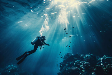 Beautiful diver goes on an underwater adventure in frighteningly deep sea