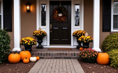 Obraz premium A charming, festive, and inviting Halloween porch decorated with black, orange, and yellow accents. 