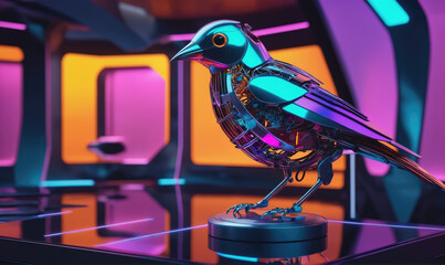 A metallic bird sculpture stands on a pedestal in a futuristic, neon-lit room