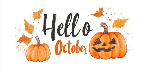 Autumn "Hello October" on a white background, a Halloween pumpkin, in orange color, with orange and black text Generative AI