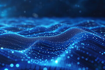 Vibrant wave abstract digital landscape with flowing neon lines and dots on a dark backdrop. Futuristic wave patterns for technology, science or communication background concept