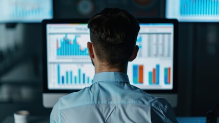 A man sitting in a dark office, closely analyzing data charts and graphs displayed on multiple computer screens, focusing on trends and insights.