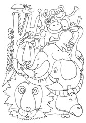 Coloring page with cute animals. Lion, giraffe, monkey, elephant, ox, fox, rhino, crocodile, bunny, bear, flamingo, toucan. Hand drawn vector illustration