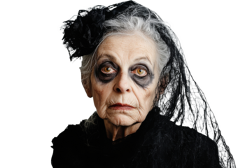 Portrait of an elderly woman with a frightening smile, looking at the camera with piercing eyes, isolated on a transparent png background