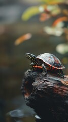 Obraz premium Painted turtle perched on rock in nature, close-up view. Wildlife and conservation concept