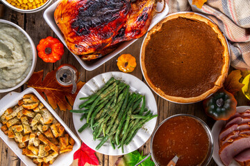 Thanksgiving dinner or lunch foods table