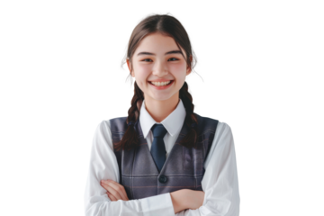Joyful portrait of a schoolgirl in uniform, smiling and ready for the first day of school, isolated on a transparent png background.