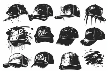 Hat flat icon, baseball cap symbol, graffiti spray cap sign, bonnet black silhouette, fedora shape, bowler