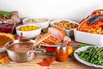 Thanksgiving dinner or lunch foods table