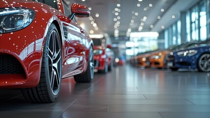Obraz premium Luxury cars displayed in a modern showroom with bright lights