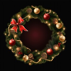 Festive Christmas wreath with baubles bow and cones.