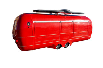 Vintage fast Food Truck. Vintage Food Truck Trailer. Red color, Isolated on a white background.