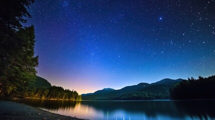 Night Sky with Stars Over Calm Lake and Mountains