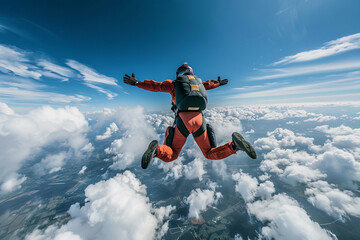 Parachutist with parachute makes heavenly adventure against backdrop of landscape