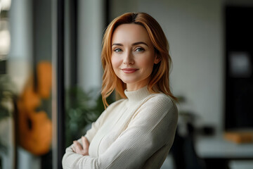 30s 40s business woman portrait. Successful modern executive in an office. Mid aged entrepreneur.