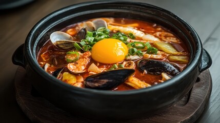 Sundubu Jjigae with Clams, Shrimp, and Vegetables. Korean food